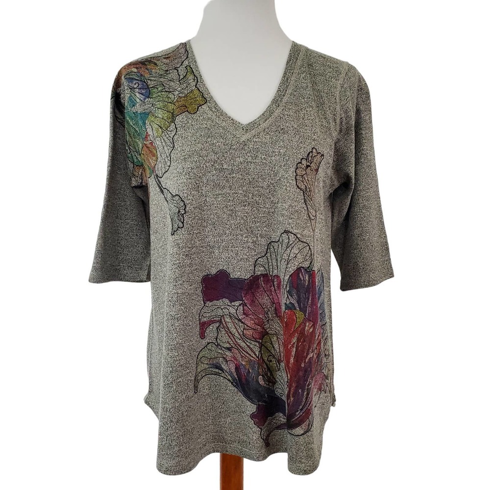 Inoah Artsy Tunic Top Womens Size Large 1/2 Sleeves V Neck Bohemian Made in USA